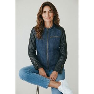 Alpinestars by Denise Focil navy tweed black leather protective moto jacket M
